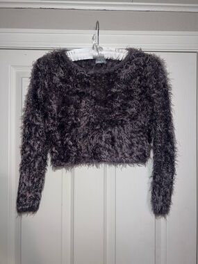 Tiger Mist Blue Grey Cropped Fuzzy Sweater